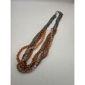 NY Multi-Strand Beaded & Chain Necklace – Peach Tone Statement Jewelry